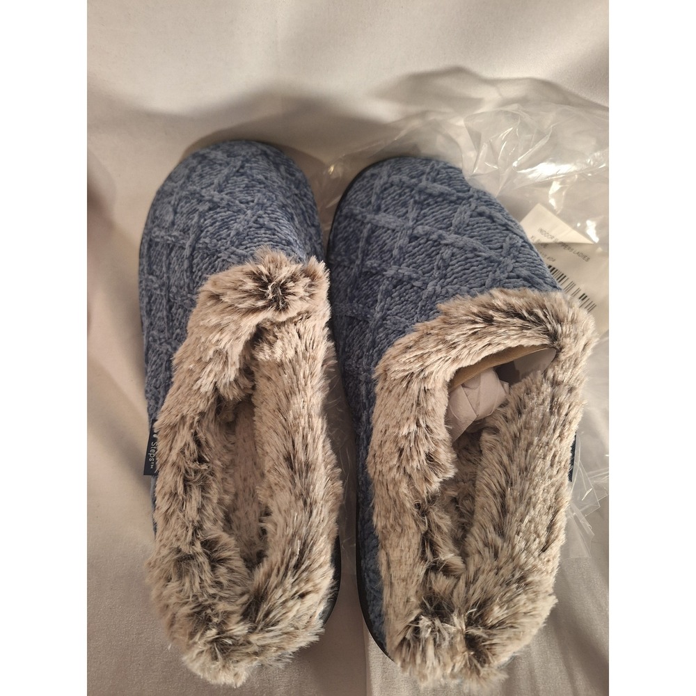 Soft Steps Womens Blue Cable Knit Faux Fur Trim Indoor Slipper Mules Size XL NEW